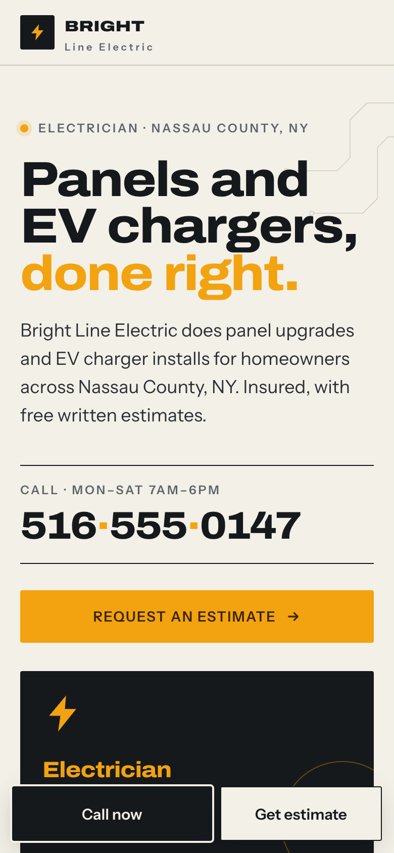 Bright Line Electric: a one-page site for an electrician